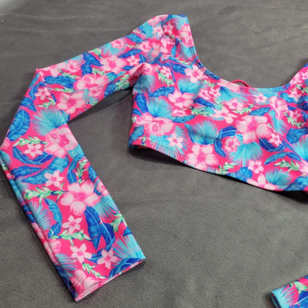 Art Class Girls XL 14 Tropical Floral Long Sleeve Bikini Top Pink Blue 222014967